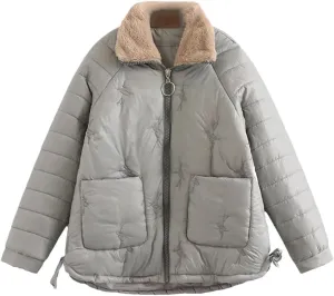 Women Cropped Parka Padded Jacket Solid Down Cotton Coat Warm Casual Loose Outerwear