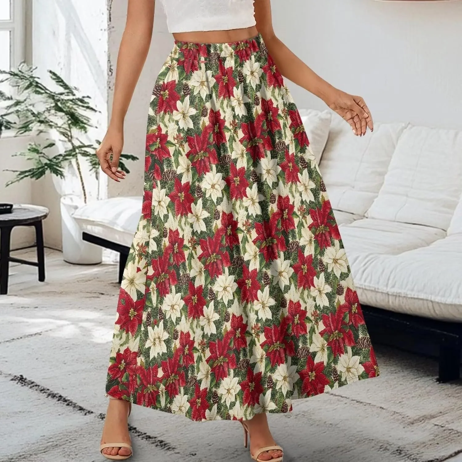 Women Flowy Long Skirts Summer Beach Pleated Elastic High Waisted Casual Maxi Skirts with Pockets Size S-2XL