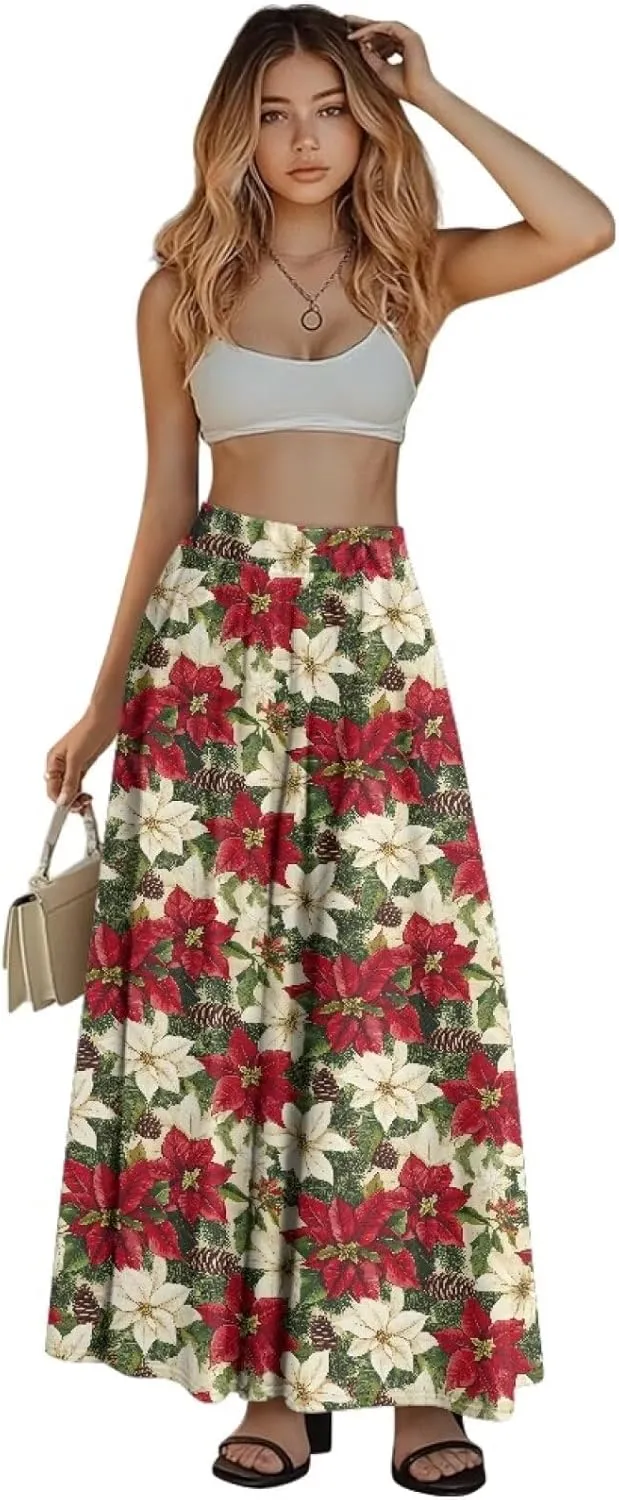 Women Flowy Long Skirts Summer Beach Pleated Elastic High Waisted Casual Maxi Skirts with Pockets Size S-2XL