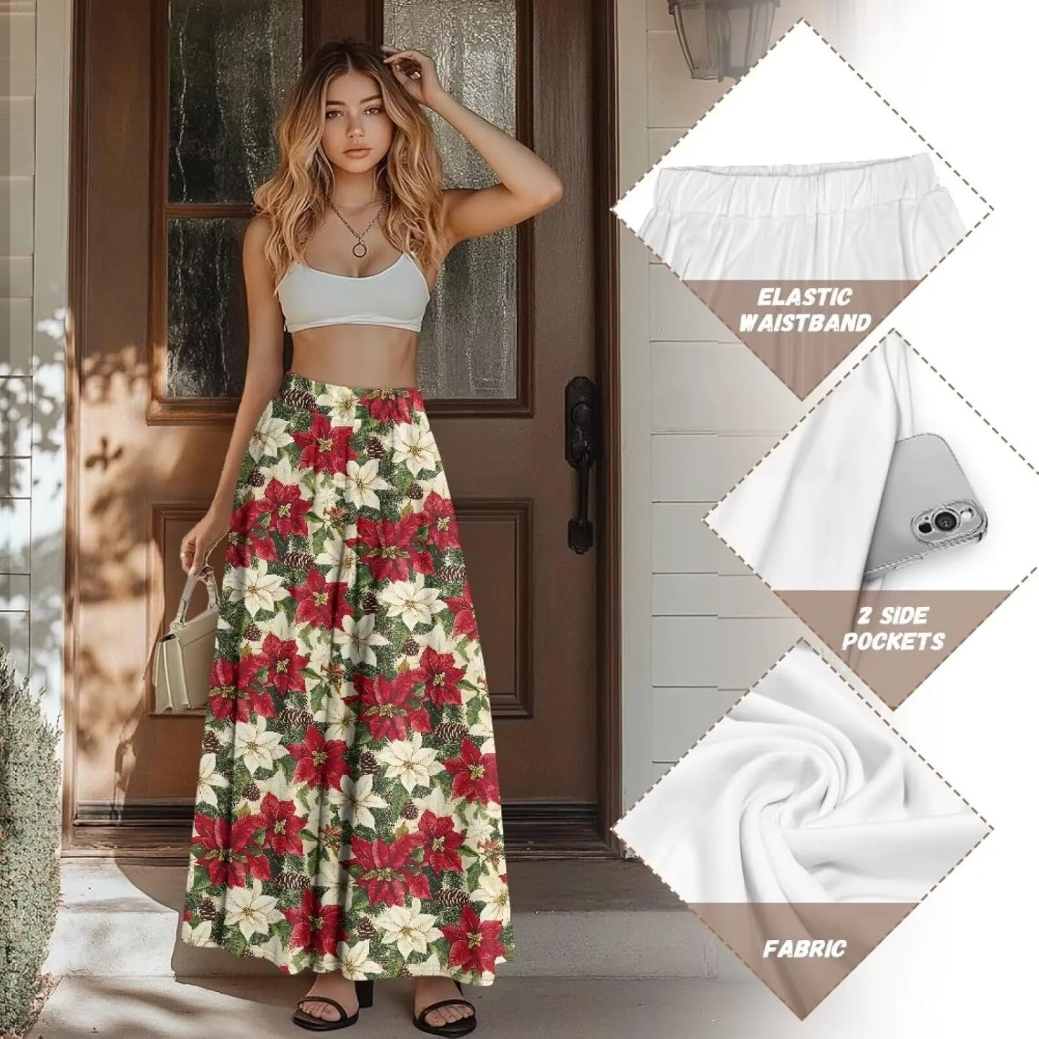 Women Flowy Long Skirts Summer Beach Pleated Elastic High Waisted Casual Maxi Skirts with Pockets Size S-2XL