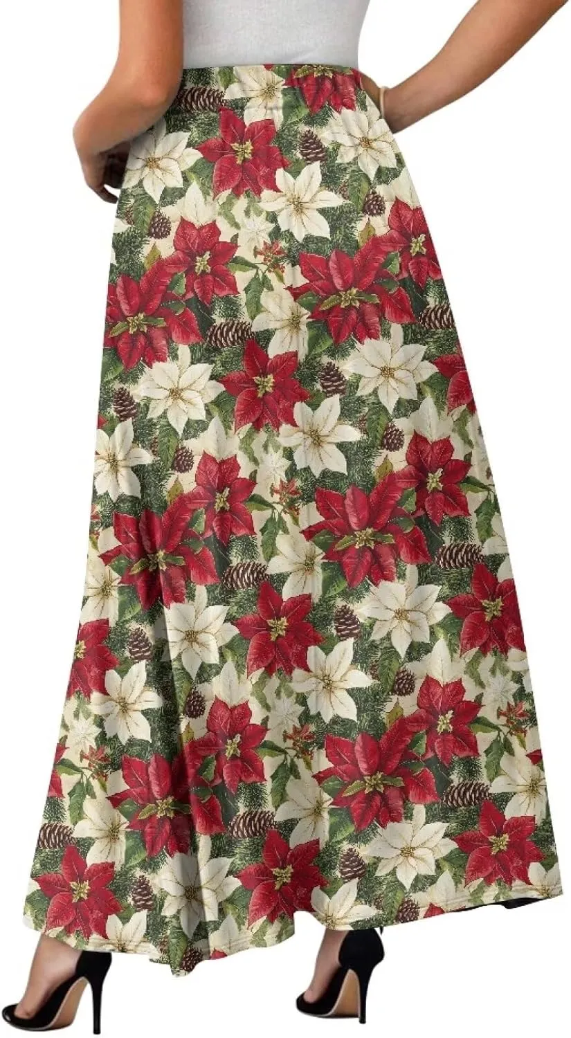 Women Flowy Long Skirts Summer Beach Pleated Elastic High Waisted Casual Maxi Skirts with Pockets Size S-2XL