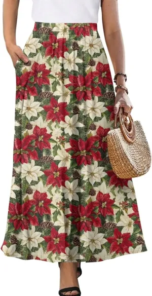 Women Flowy Long Skirts Summer Beach Pleated Elastic High Waisted Casual Maxi Skirts with Pockets Size S-2XL