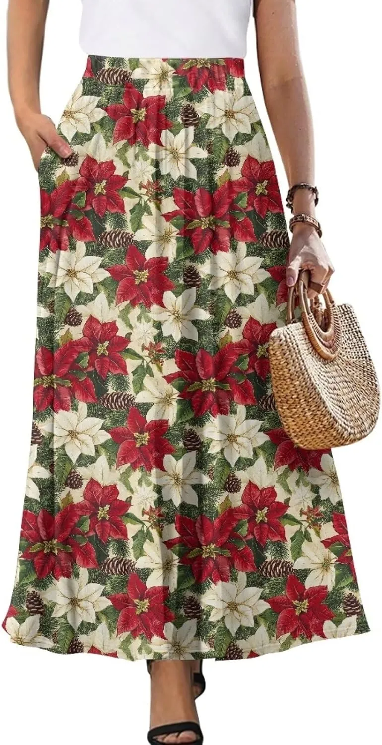 Women Flowy Long Skirts Summer Beach Pleated Elastic High Waisted Casual Maxi Skirts with Pockets Size S-2XL
