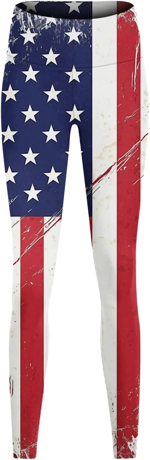 Women High Waist American Flag Leggings Funny Stripes Patriotic Tights Full-Length Workout Running Yoga Pants