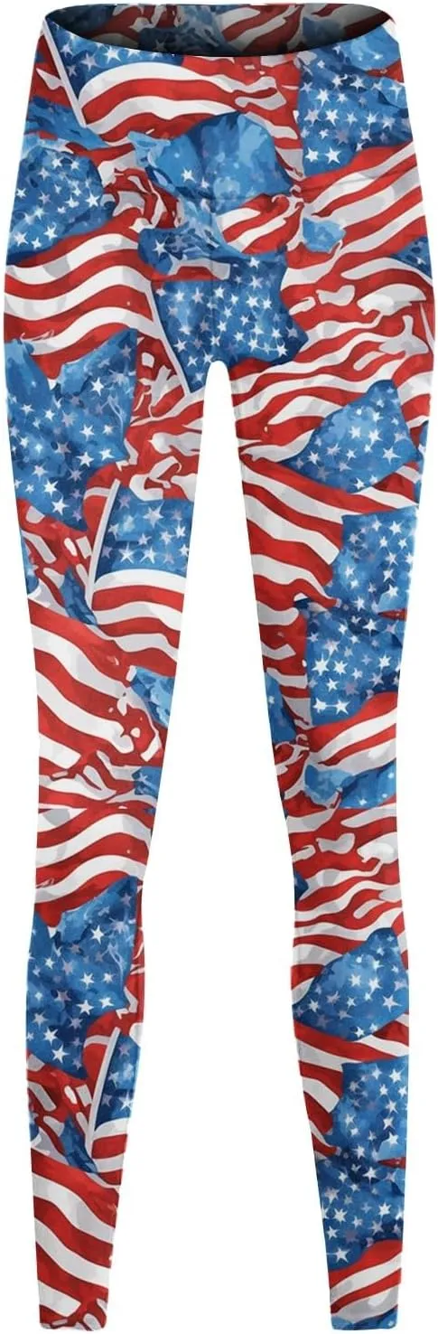 Women High Waist American Flag Leggings Funny Stripes Patriotic Tights Full-Length Workout Running Yoga Pants