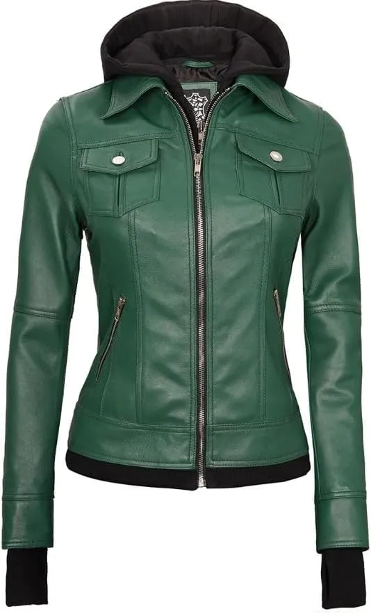 Women Hooded Leather Jacket| Women Real Lambskin Leather jacket| Biker Style Removable Hood Leather Jacket