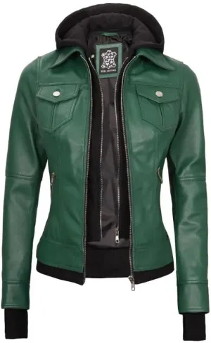 Women Hooded Leather Jacket| Women Real Lambskin Leather jacket| Biker Style Removable Hood Leather Jacket