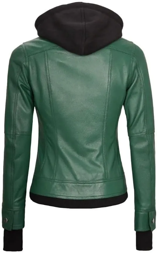 Women Hooded Leather Jacket| Women Real Lambskin Leather jacket| Biker Style Removable Hood Leather Jacket