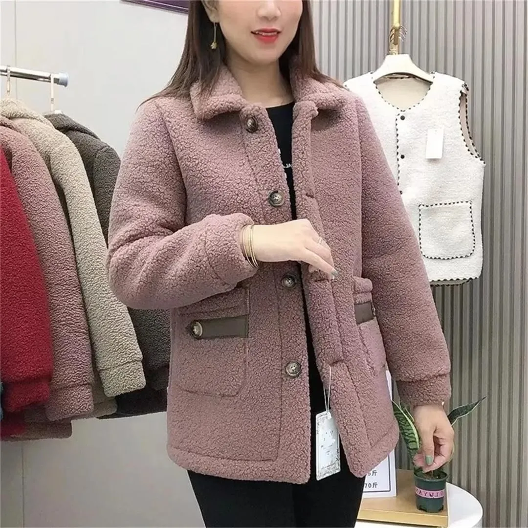 Women Imitation Lamb Wool Jacket Thicke Warm Pocket Pimp Fur Coat Cotton Padded Jacket Outerwear