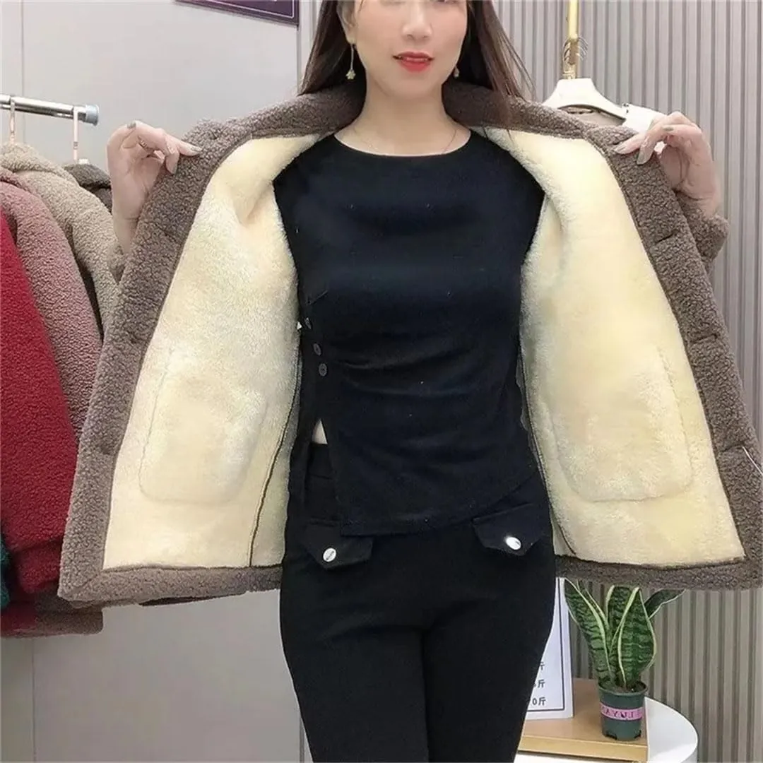 Women Imitation Lamb Wool Jacket Thicke Warm Pocket Pimp Fur Coat Cotton Padded Jacket Outerwear