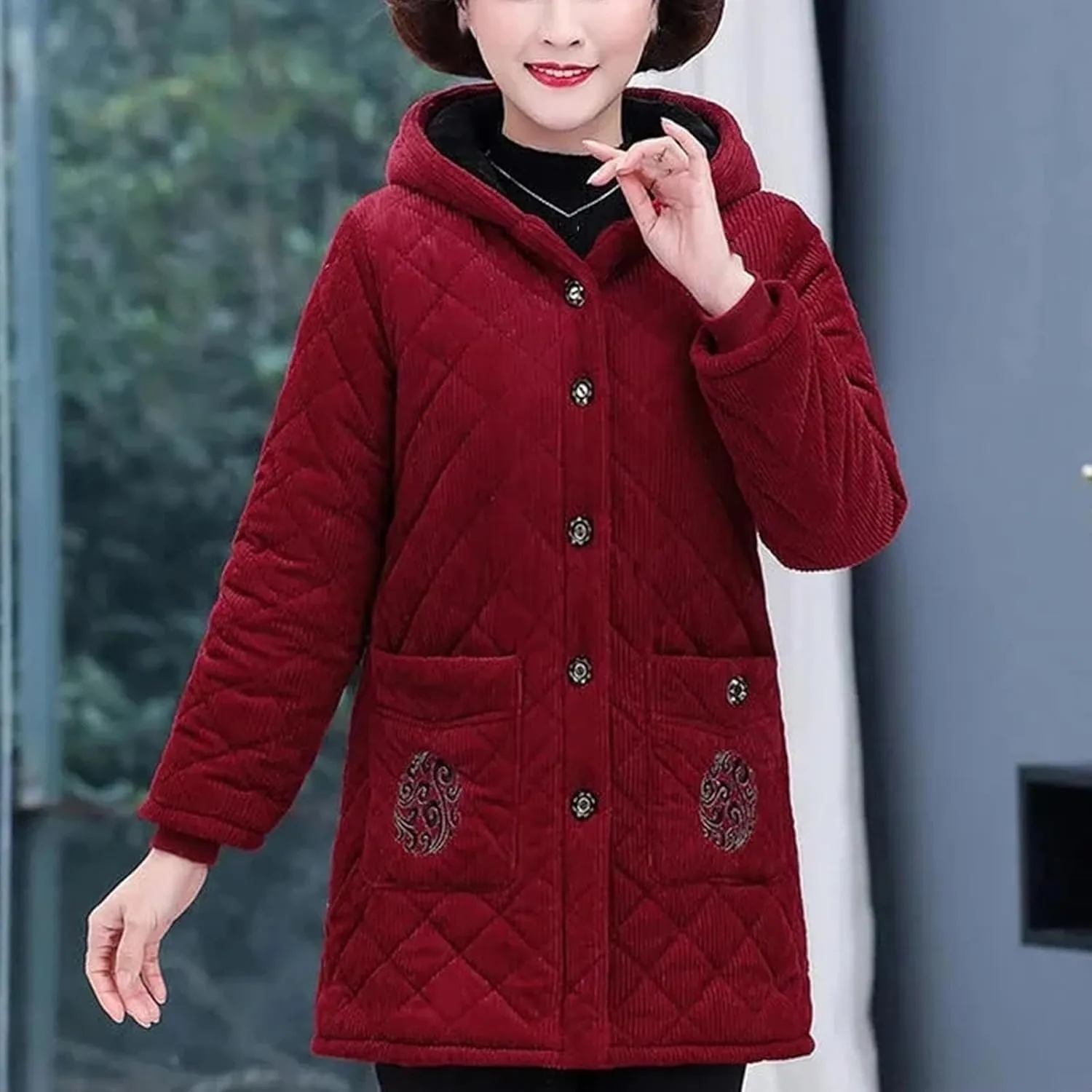Women Jacket Winter Fleece Thick Corduroy Outerwear Female Hooded Cotton Padded Coat Mother Clothes