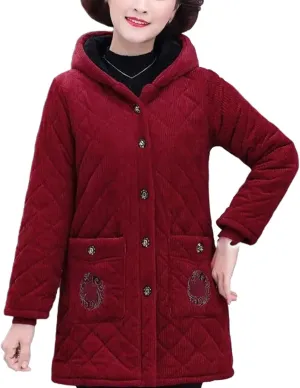 Women Jacket Winter Fleece Thick Corduroy Outerwear Female Hooded Cotton Padded Coat Mother Clothes