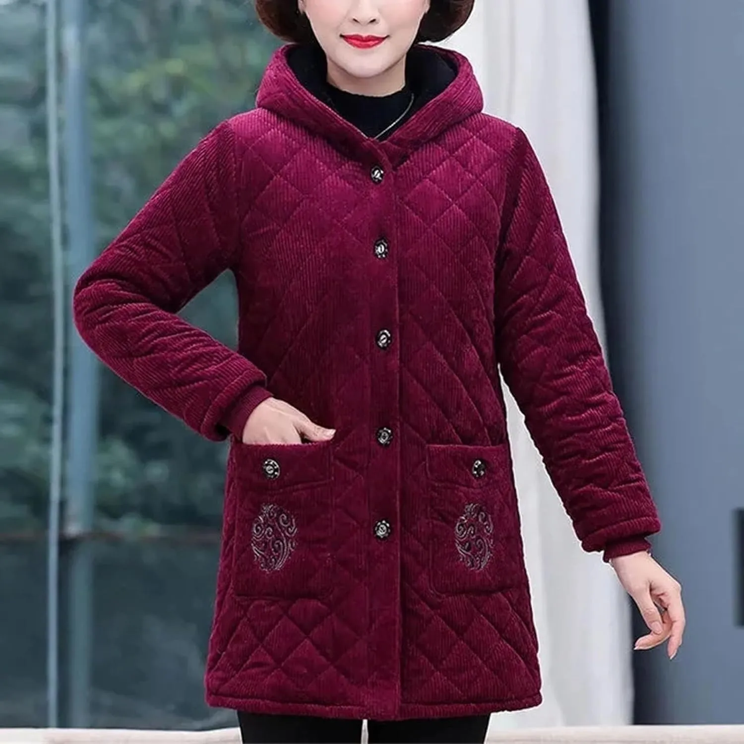 Women Jacket Winter Fleece Thick Corduroy Outerwear Female Hooded Cotton Padded Coat Mother Clothes