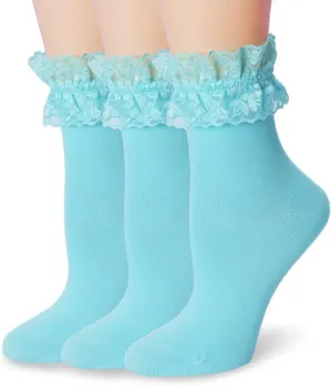 Women Lace Ruffle Socks Fashion Fancy Lovely Girl Socks 3 Pairs