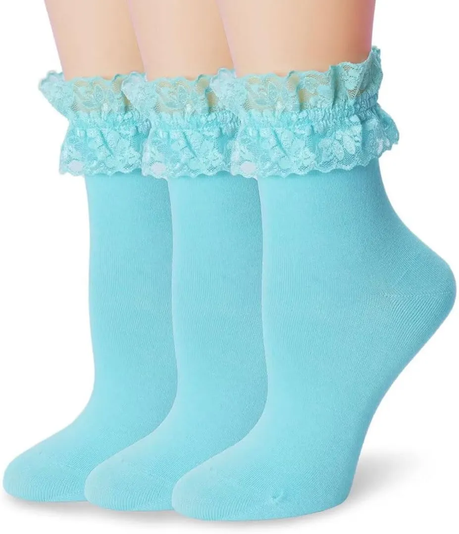 Women Lace Ruffle Socks Fashion Fancy Lovely Girl Socks 3 Pairs
