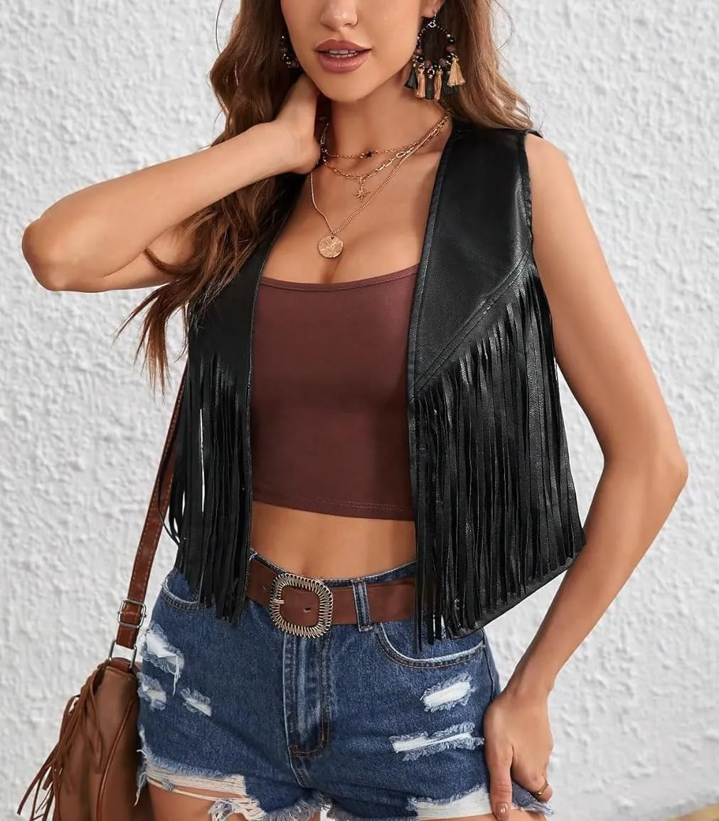 Women Leather Fringe Crop Vest Cowgirl Western Sleeveless Open Front Tassel Jacket Vintage Waistcoat