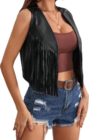 Women Leather Fringe Crop Vest Cowgirl Western Sleeveless Open Front Tassel Jacket Vintage Waistcoat