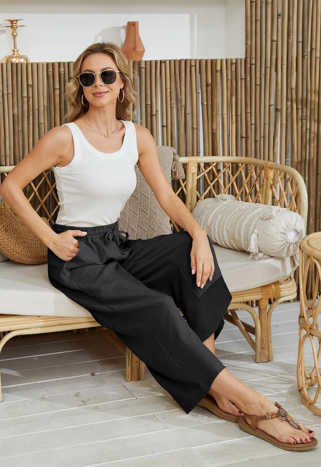 Women Linen Pants High Waist Wide Leg Pants Lightweight Comforts Summer Capri Pants Vacation Outfits for Women Girls