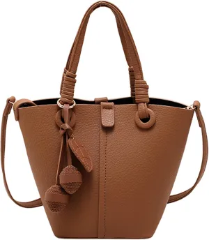 Women Litchi Embossed Bucket Bag Charm Shoulder Bags Casual Versatile Texture Soft Leather Crossbody Bags (Brown)