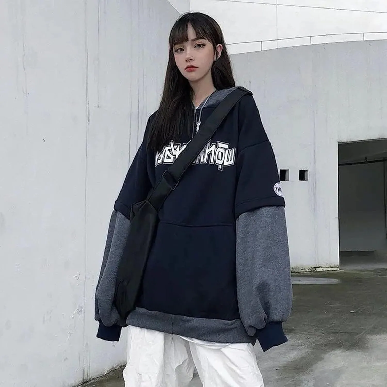 Women Men Alt Y2K Goth Emo Fake 2 Pcs Hoodie Fall Winter Streetwear Grunge Dark Academia Oversize Hooded Sweatshirt