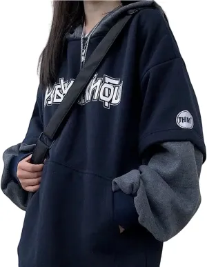 Women Men Alt Y2K Goth Emo Fake 2 Pcs Hoodie Fall Winter Streetwear Grunge Dark Academia Oversize Hooded Sweatshirt
