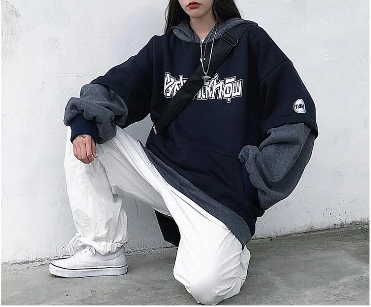 Women Men Alt Y2K Goth Emo Fake 2 Pcs Hoodie Fall Winter Streetwear Grunge Dark Academia Oversize Hooded Sweatshirt