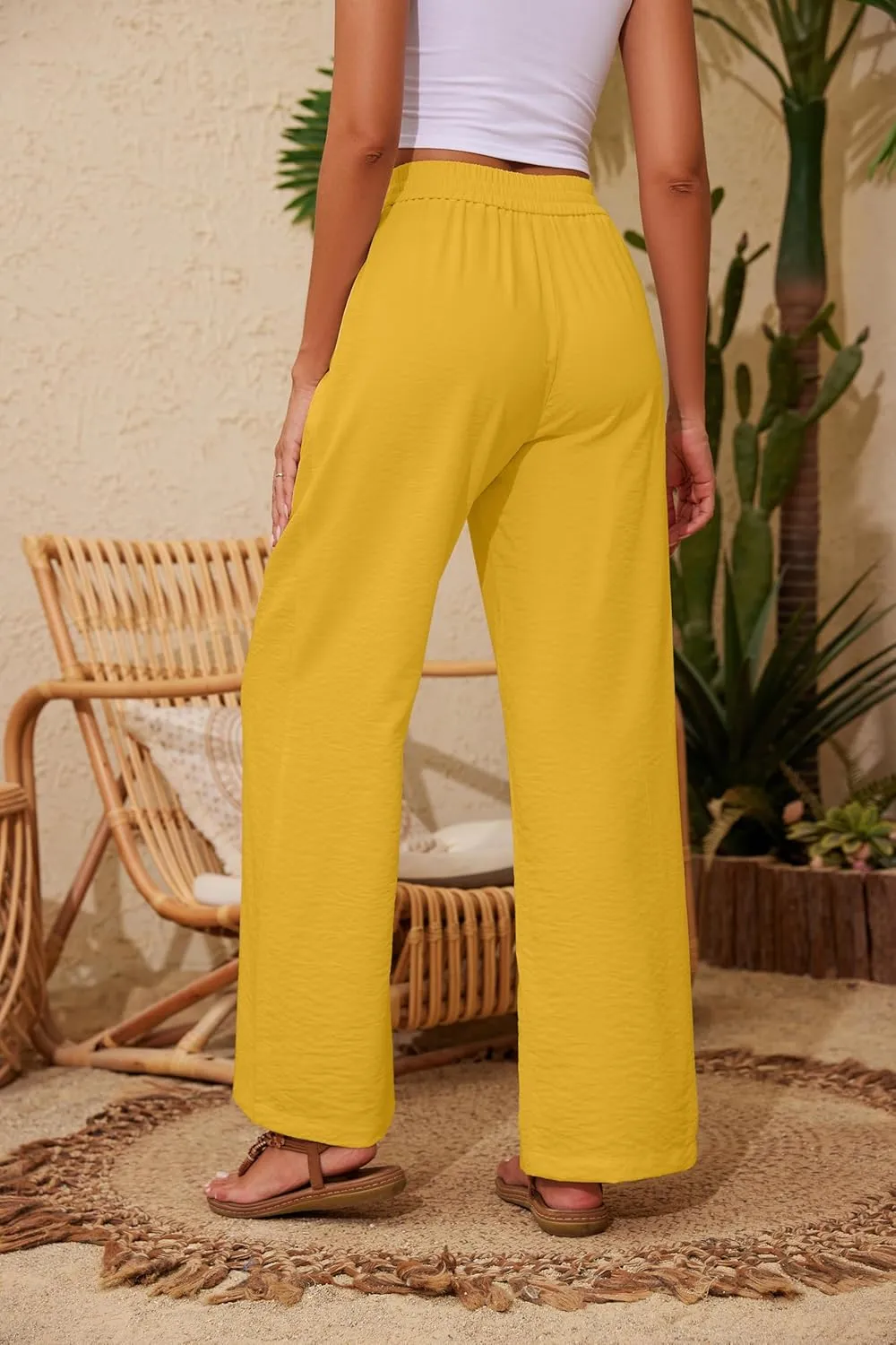 Women Pants Flowy Pants Drawstring Waist Wide Leg Palazzo Beach Pants Loose Fit with Pockets