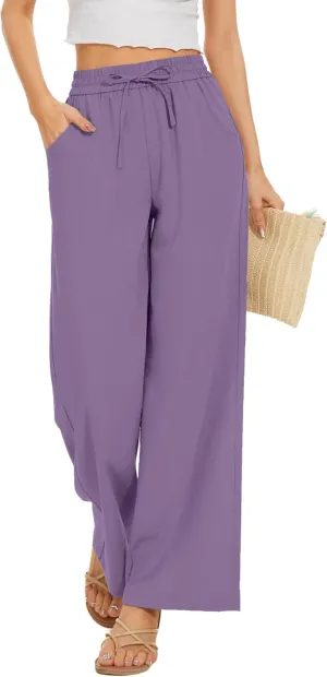 Women Pants Flowy Pants Drawstring Waist Wide Leg Palazzo Beach Pants Loose Fit with Pockets