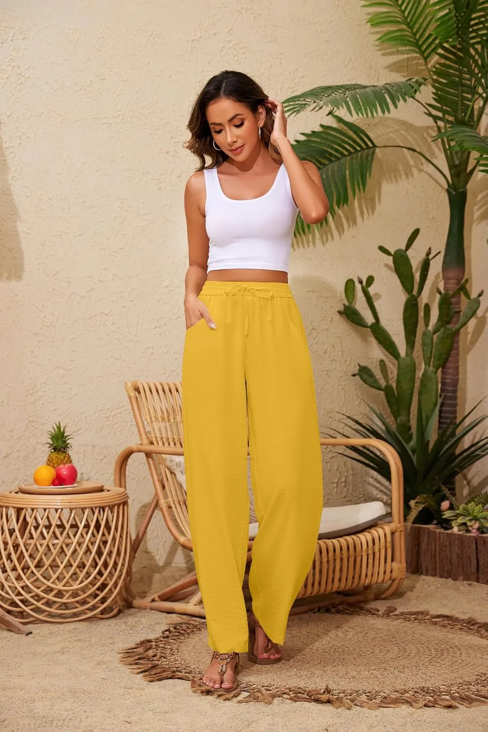 Women Pants Flowy Pants Drawstring Waist Wide Leg Palazzo Beach Pants Loose Fit with Pockets