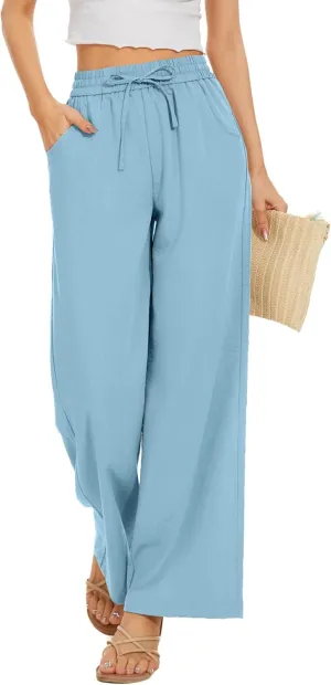 Women Pants Flowy Pants Drawstring Waist Wide Leg Palazzo Beach Pants Loose Fit with Pockets