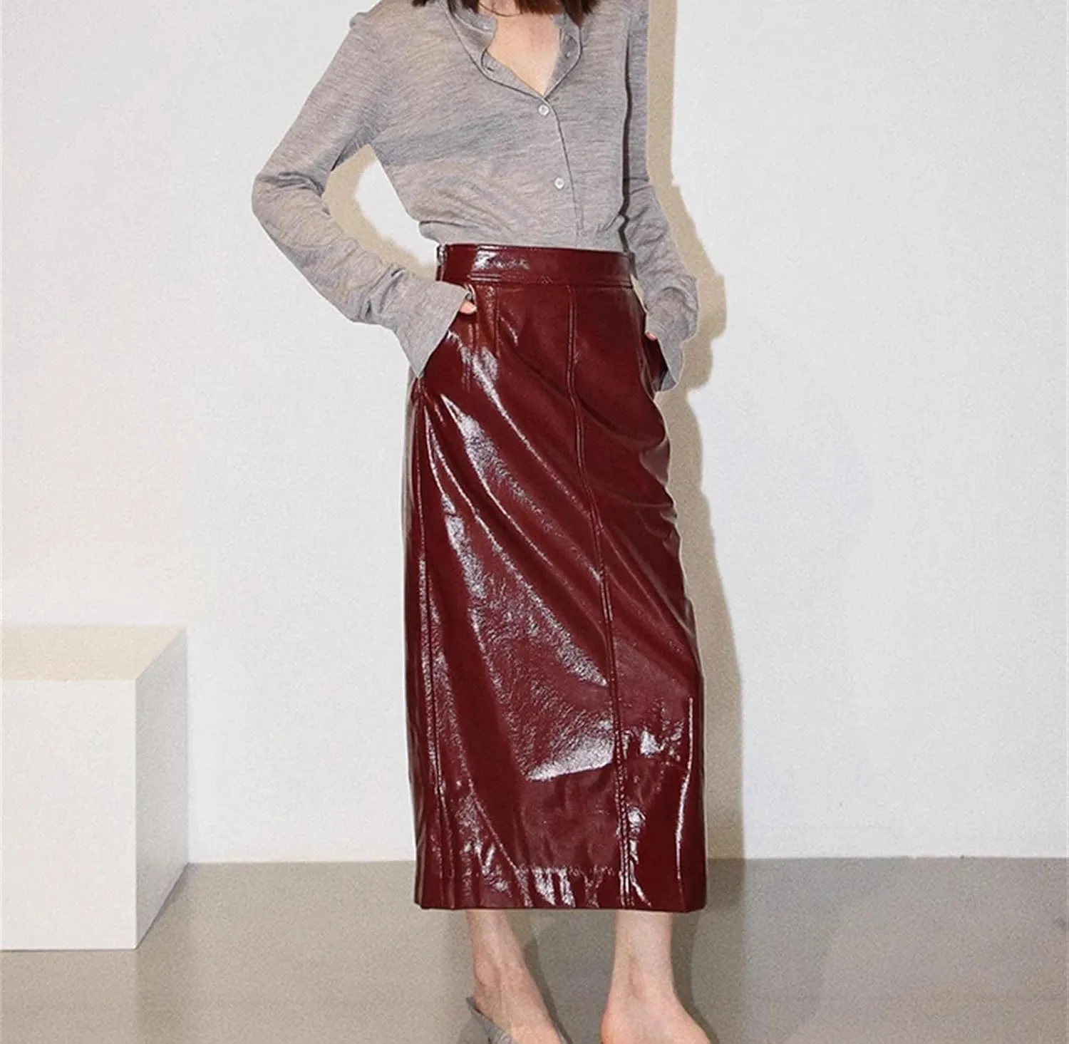 Women Pu Leather Midi Pencil Skirt High Waist Bodycon Skirts Elegant Office Leather Skirt