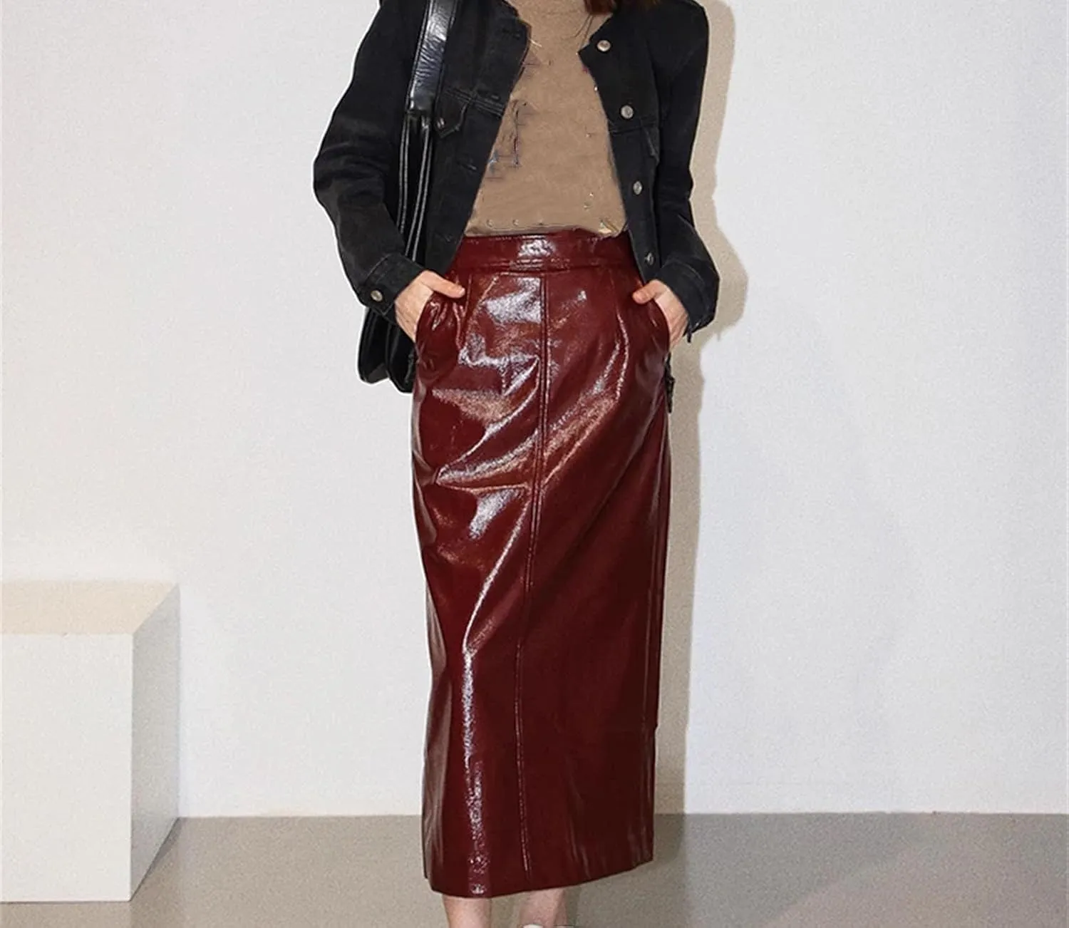 Women Pu Leather Midi Pencil Skirt High Waist Bodycon Skirts Elegant Office Leather Skirt