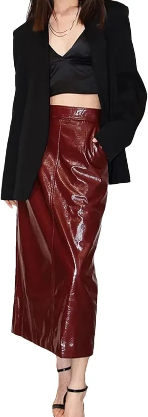 Women Pu Leather Midi Pencil Skirt High Waist Bodycon Skirts Elegant Office Leather Skirt