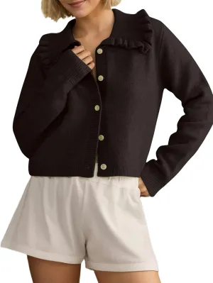 Women Ruffle Collar Button Down Cropped Cardigan Long Sleeve Open Front Knit Sweaters Peplum Sweater Crop Jacket Tops