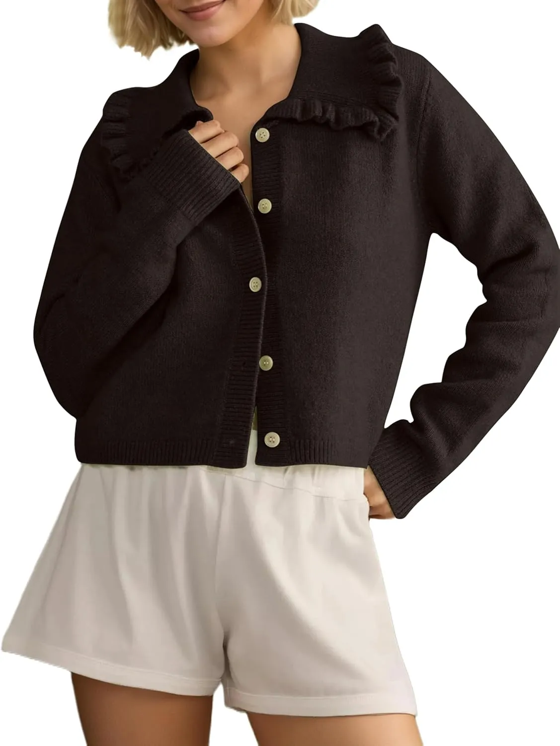 Women Ruffle Collar Button Down Cropped Cardigan Long Sleeve Open Front Knit Sweaters Peplum Sweater Crop Jacket Tops