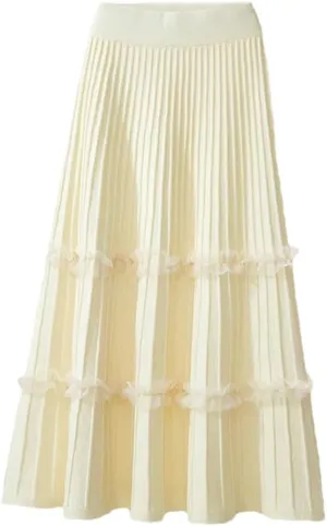 Women Ruffle Knitted Midi Pleated Skirt Autumn Winter High Waist Skirt A-Line Skirt Long Skirt