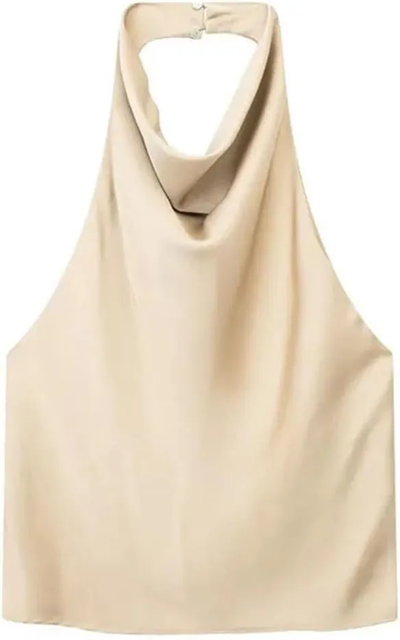 Women Satin Flowing Halterneck Tank Tops Sexy Backless with Button Female Camis