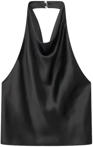 Women Satin Flowing Halterneck Tank Tops Sexy Backless with Button Female Camis
