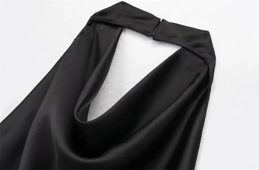 Women Satin Flowing Halterneck Tank Tops Sexy Backless with Button Female Camis