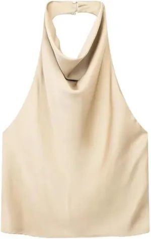 Women Satin Flowing Halterneck Tank Tops Sexy Backless with Button Female Camis