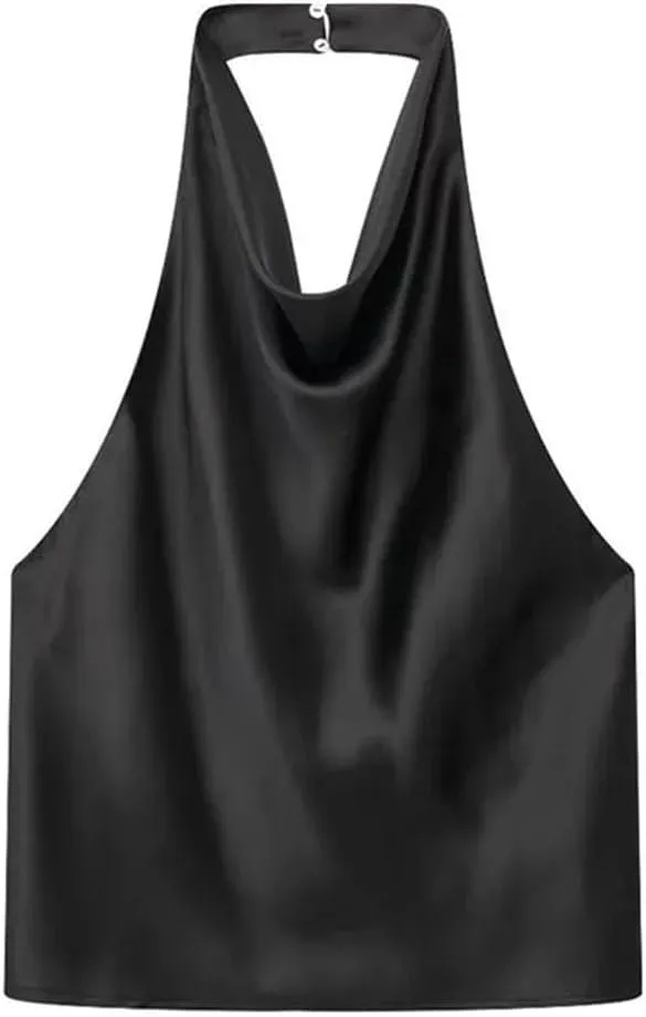 Women Satin Flowing Halterneck Tank Tops Sexy Backless with Button Female Camis