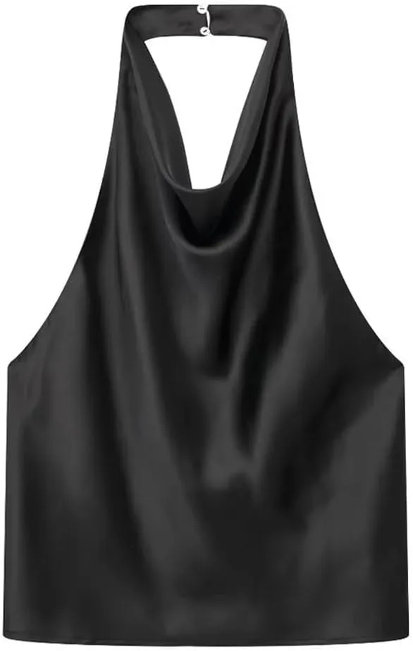 Women Satin Flowing Halterneck Tank Tops Sexy Backless with Button Female Camis