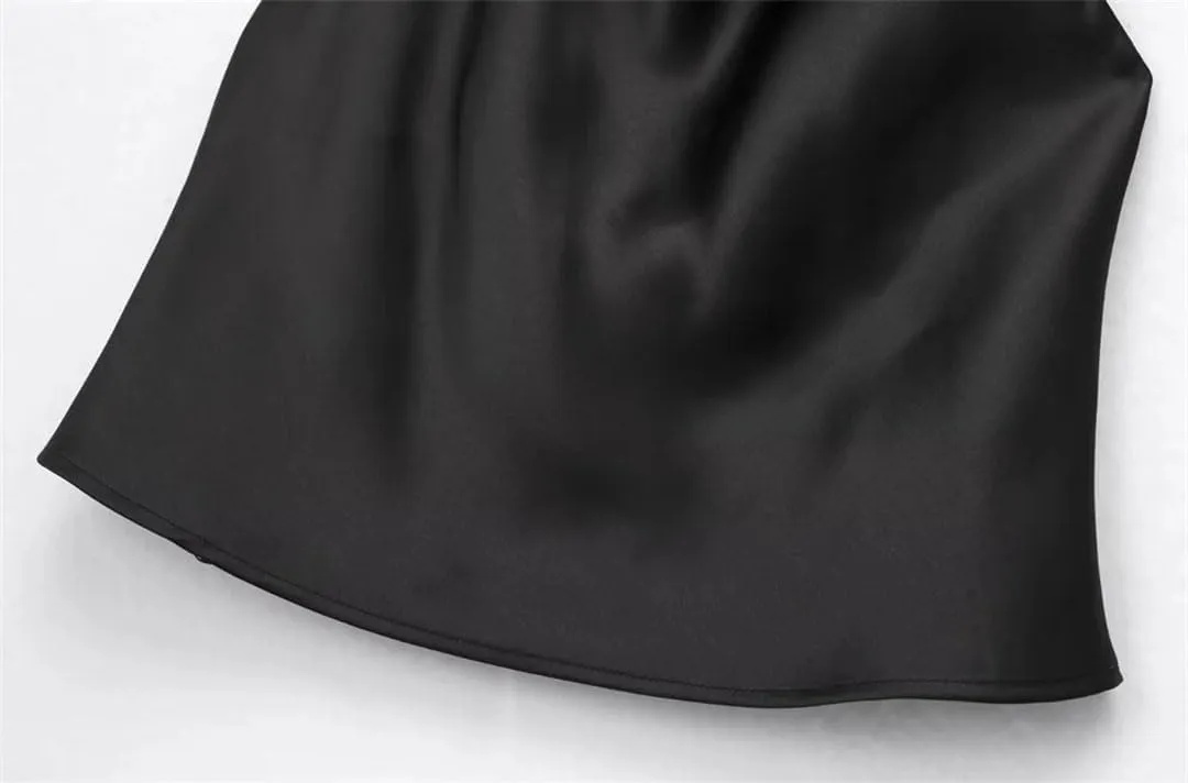 Women Satin Flowing Halterneck Tank Tops Sexy Backless with Button Female Camis