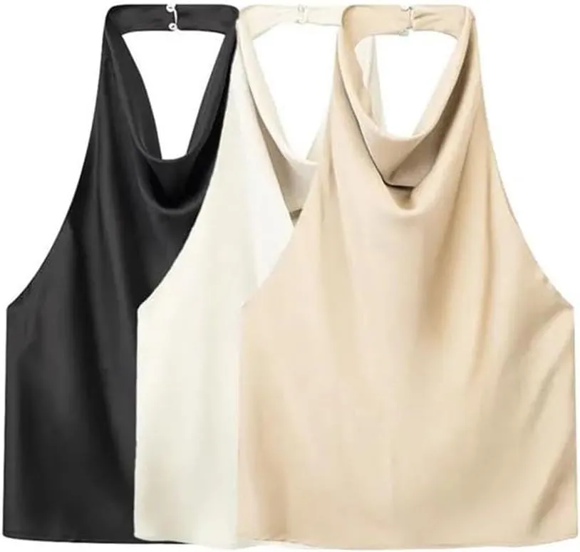 Women Satin Flowing Halterneck Tank Tops Sexy Backless with Button Female Camis