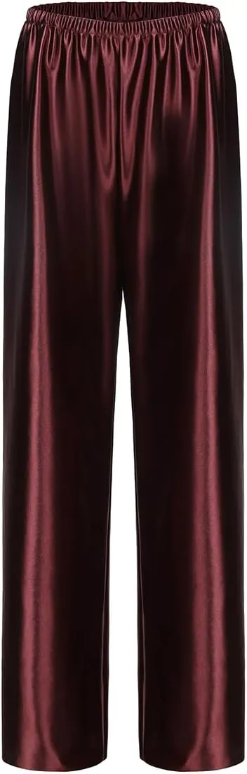 Women Satin Wide Leg Dress Pants Silk Casual Dressy Long Flowy Pants Elastic High Waisted Trousers