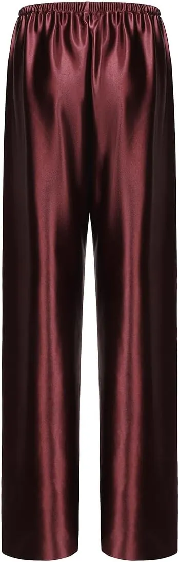 Women Satin Wide Leg Dress Pants Silk Casual Dressy Long Flowy Pants Elastic High Waisted Trousers