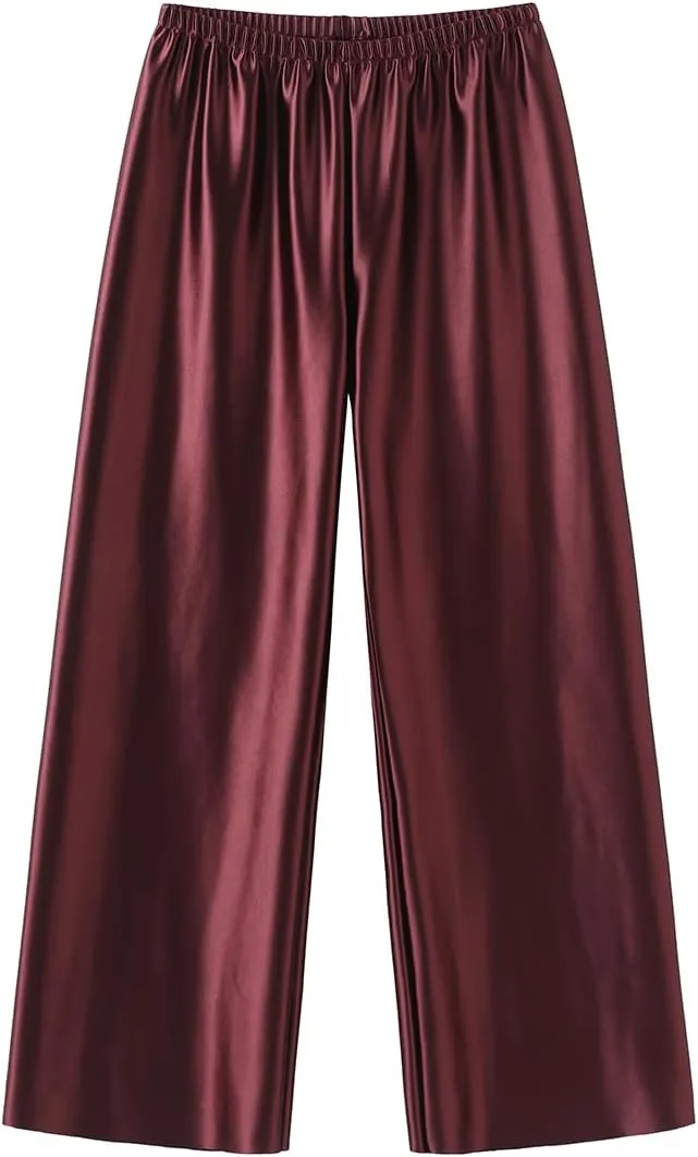 Women Satin Wide Leg Dress Pants Silk Casual Dressy Long Flowy Pants Elastic High Waisted Trousers