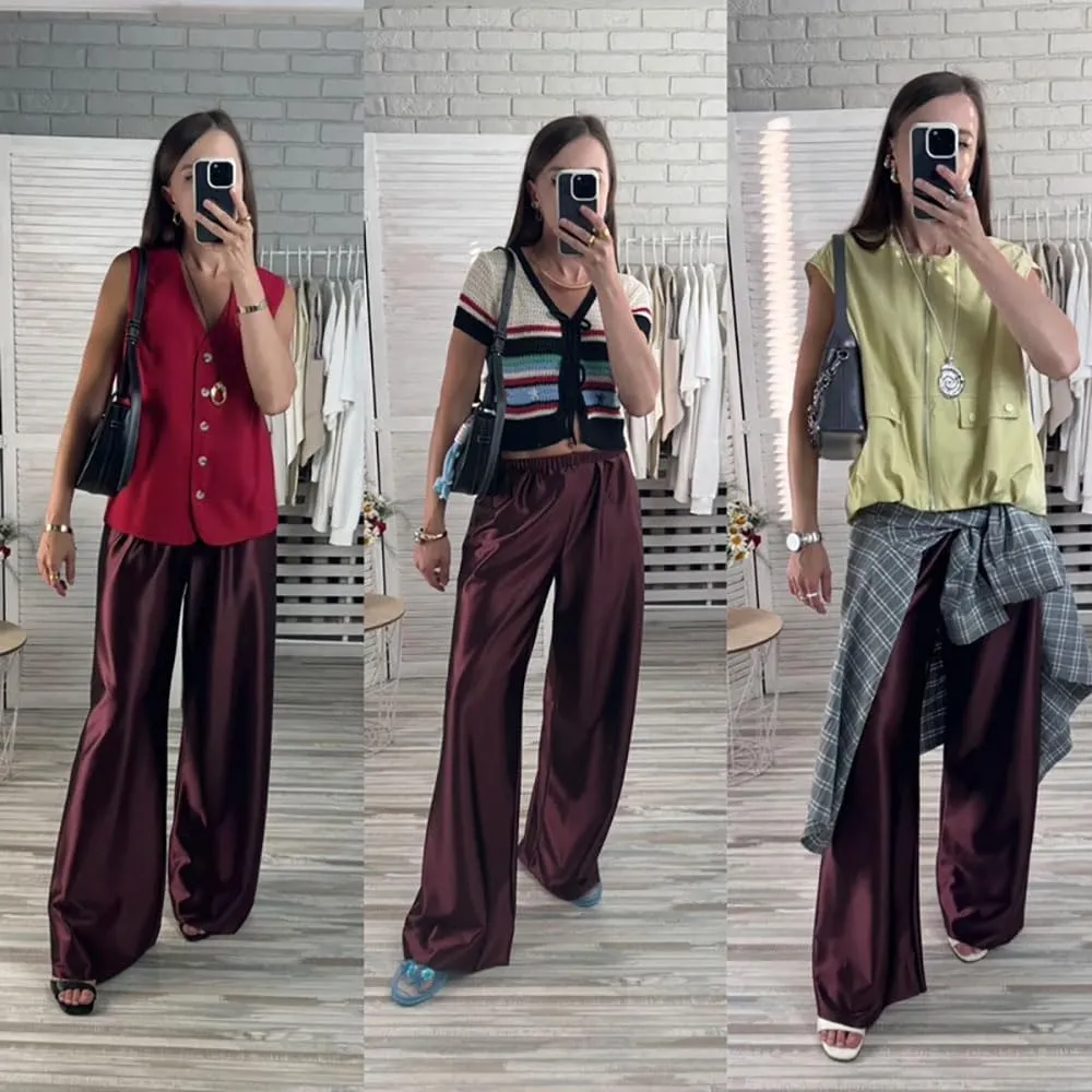 Women Satin Wide Leg Dress Pants Silk Casual Dressy Long Flowy Pants Elastic High Waisted Trousers