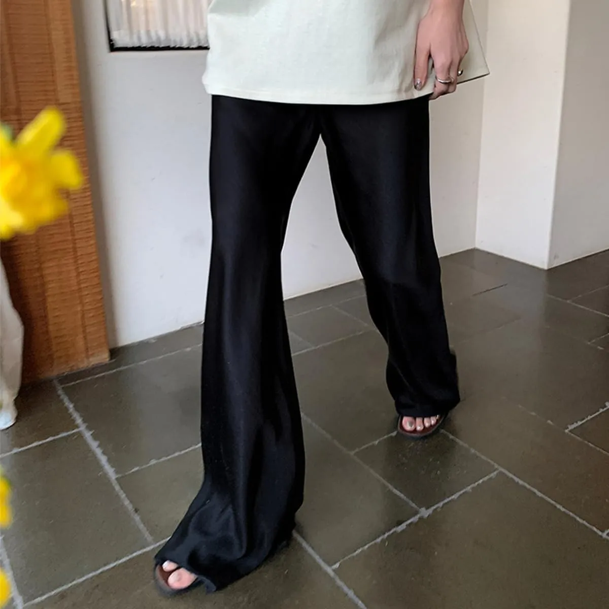 Women Satin Wide Leg Dress Pants Silk Casual Dressy Long Flowy Pants Elastic High Waisted Trousers