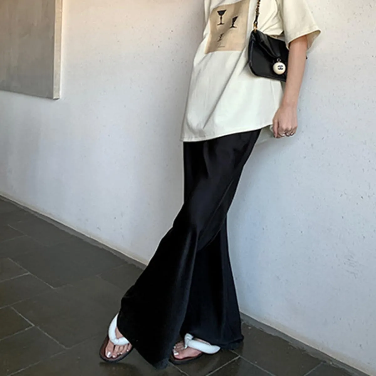 Women Satin Wide Leg Dress Pants Silk Casual Dressy Long Flowy Pants Elastic High Waisted Trousers